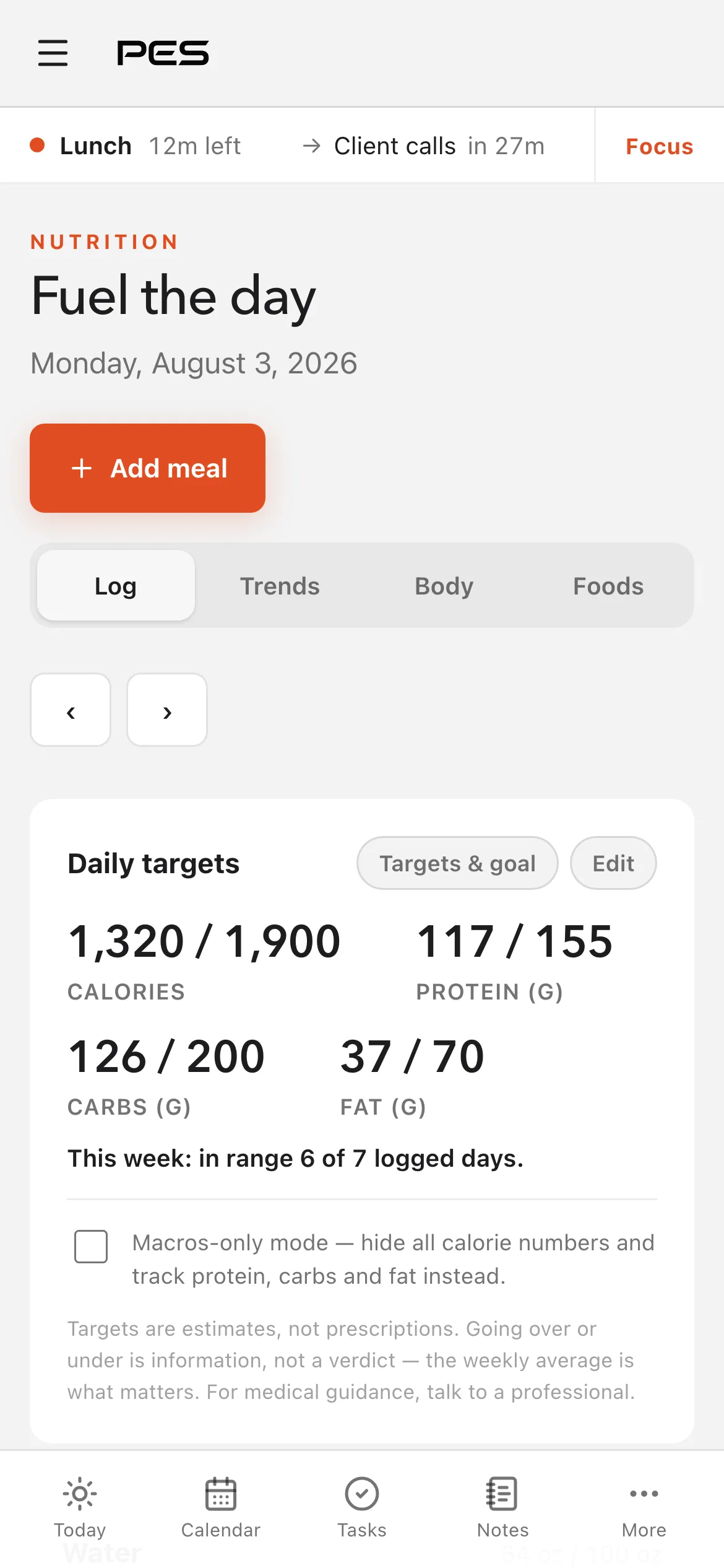 The PES Nutrition screen on iPhone: daily calorie and macro targets with live progress and a weekly in-range streak.